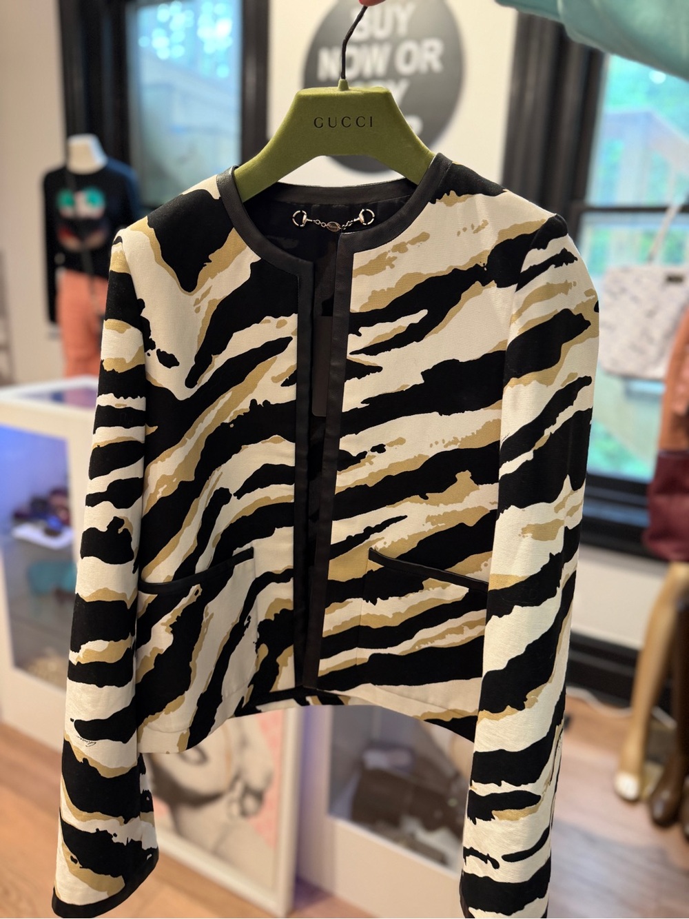 Gucci Black Cream and Tan Zebra-Print Cropped Blazer leather trim animal